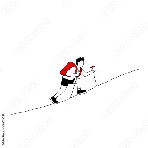 Man hiking with a red backpack on a steep hill