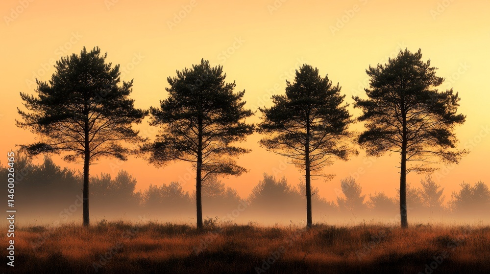 Silhouette of four trees at sunrise through morning mist. Silhouette of four trees at sunrise through morning mist.