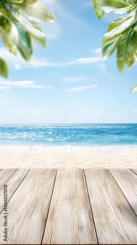Fototapeta premium Wooden Table on a Beach with Palm Leaves and Ocean View