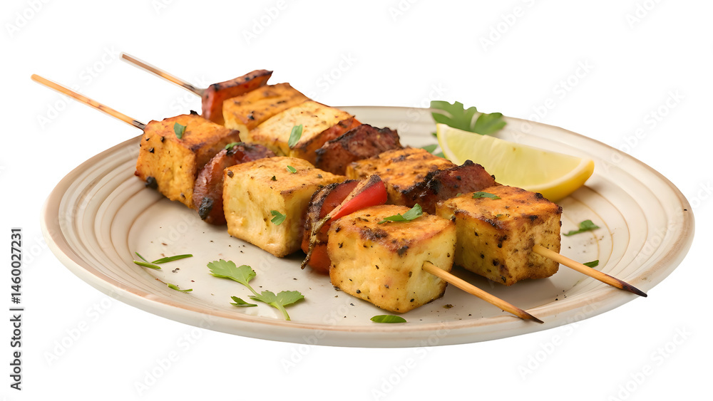 Paneer tikka kebab isolated on white background Paneer tikka kebab isolated on white background