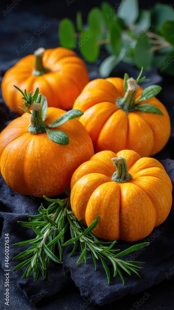 Obraz premium Mini Pumpkins with Rosemary on Dark Fabric Background, Autumn Harvest Still Life Composition