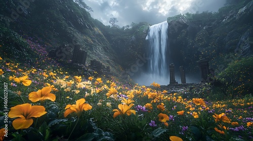 Hidden waterfall deep within a jungle surrounded by vibrant flowers and ancient ruins cinematic exploration