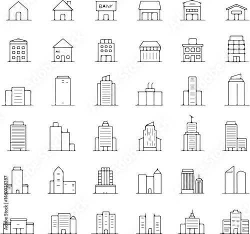 Set of 4 Line Art Building Icons — Minimalist Architecture and Structure Icons on White Background

