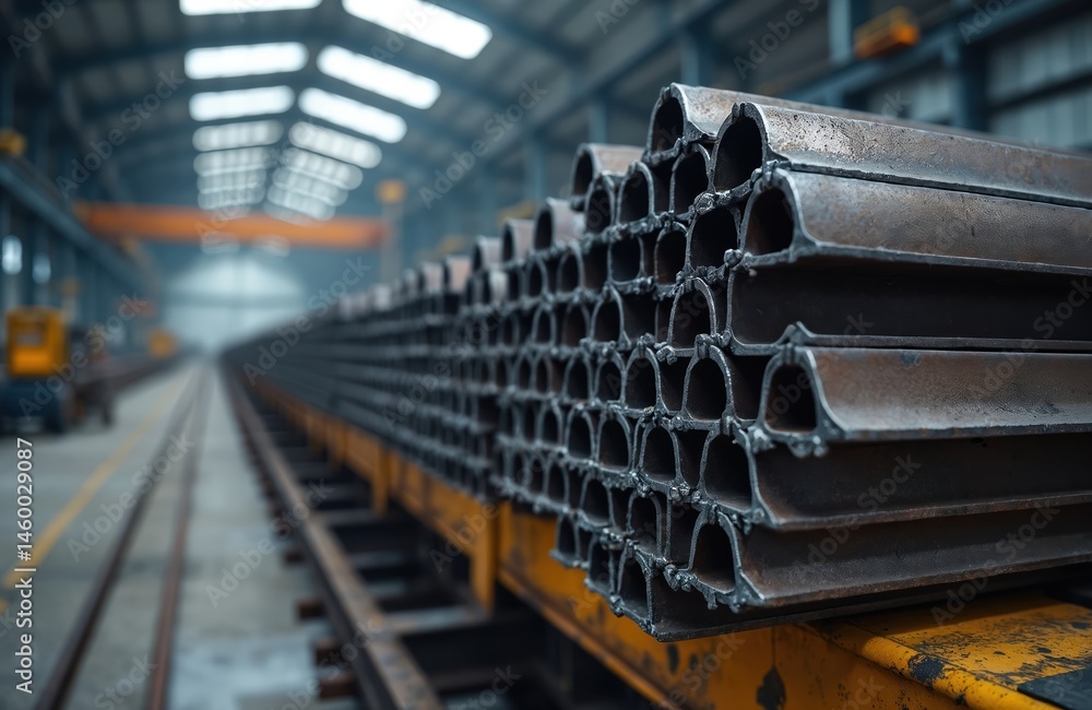 Naklejka premium Stack of metal profiles in industrial plant. Warehouse production of steel metal structures. Steel beams ready for construction. Factory interior, workshop. Industrial manufacturing business concept.