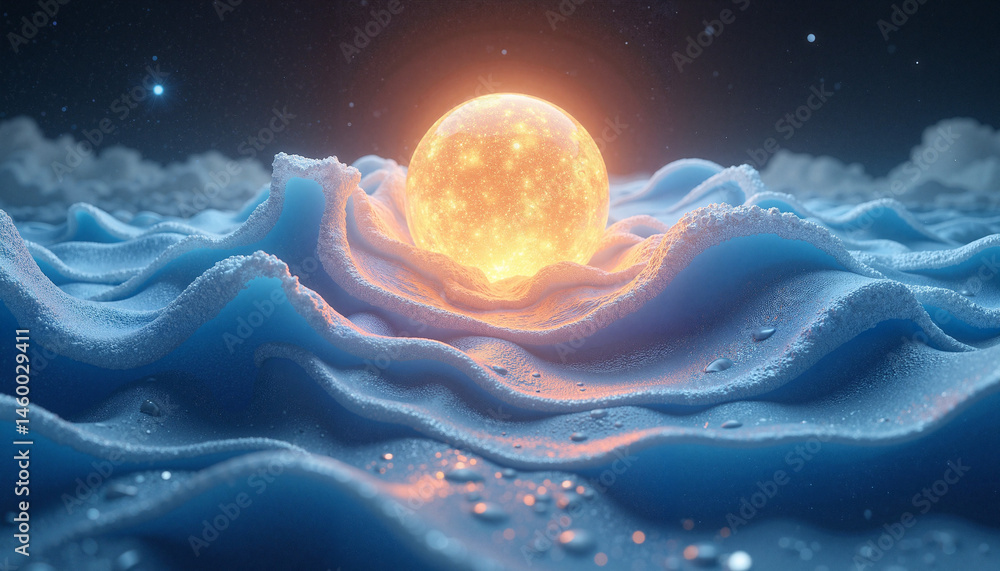 Abstract Digital Art - Sun Rising Over Waves in a Dreamy Landscape