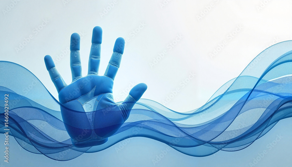 Abstract Digital Art - Blue Hand Reaching Through Flowing Waves