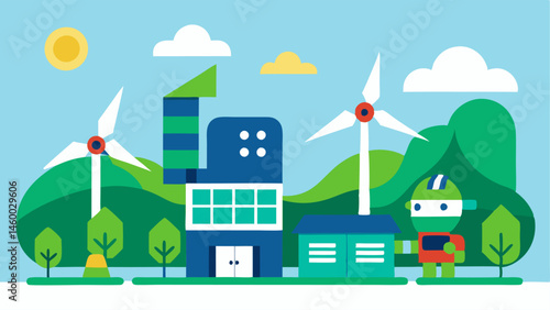 EcoFriendly Factory A factory powered by solar panels and wind turbines with robots working alongside greenery showcasing sustainable practices.