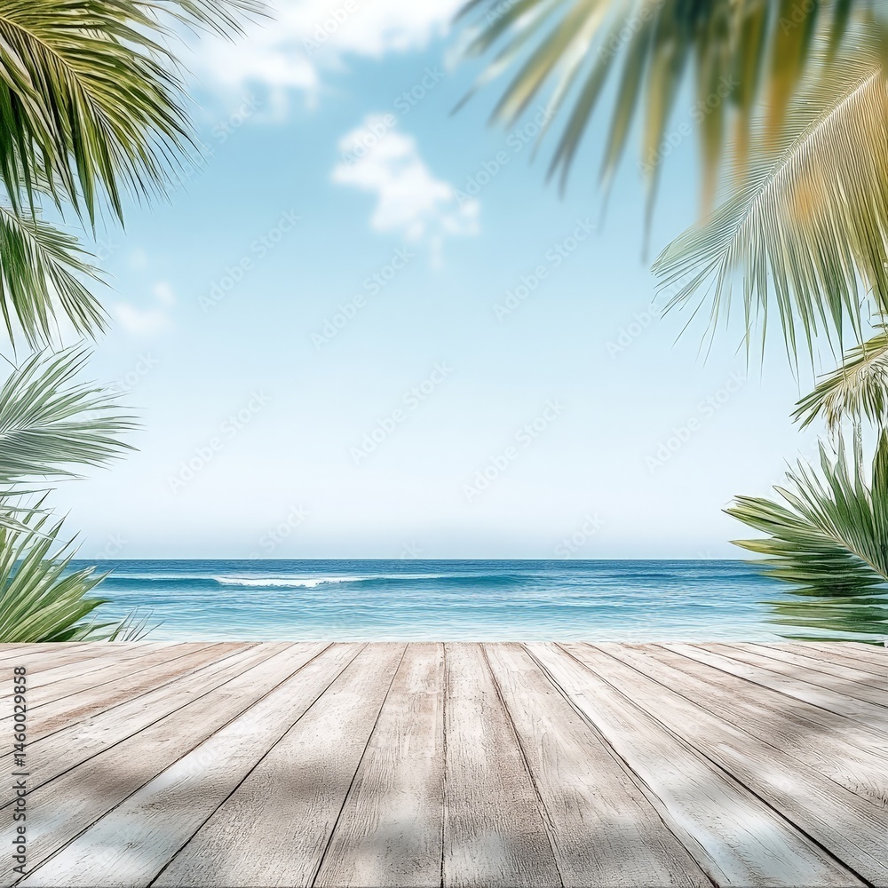 Wooden Table on a Beach with Palm Leaves and Ocean View Wooden Table on a Beach with Palm Leaves and Ocean View