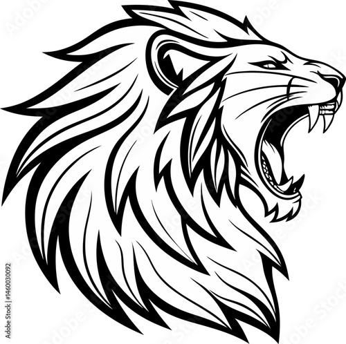 Black and white illustration of a roaring lion head, Detailed Lion Head Illustration in Black and White, a lion head roaring with its mouth open in a simple look a logo silhouette vector illustration