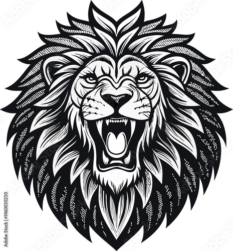 Black and white illustration of a roaring lion head, Detailed Lion Head Illustration in Black and White, a lion head roaring with its mouth open in a simple look a logo silhouette vector illustration