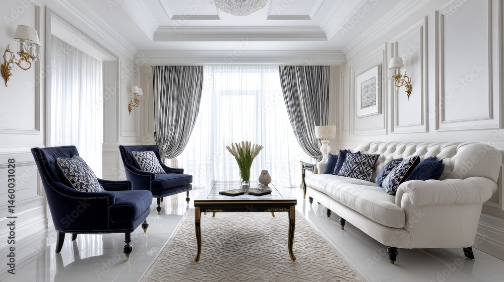 Fototapeta premium Elegant Living Room Interior Design - Luxurious living room with white sofa, blue armchairs, and elegant decor. Natural light fills the space