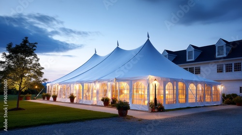 Elegant Outdoor Wedding Tent at Dusk - A large, illuminated white wedding tent stands majestically on a manicured lawn at twilight, adjacent to a charming house. Perfect for event planning
