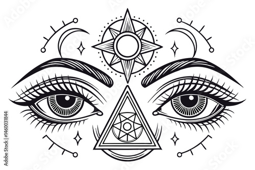 57 Vintage occult eyes, mystical symbols, black and white illustration, detailed engraving style, symmetrical designs, all-seeing eye motif, esoteric imagery, surreal visionary art, ornate eyelashes, 
