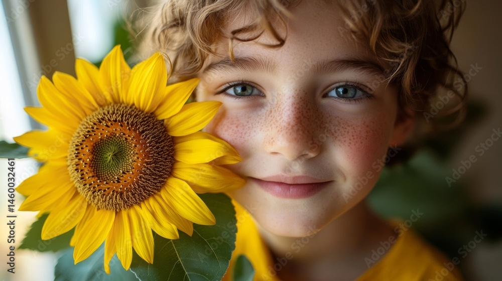 Child joyfully holds a giant sunflower with bright yellow petals ready for harvest in a warm indoor setting