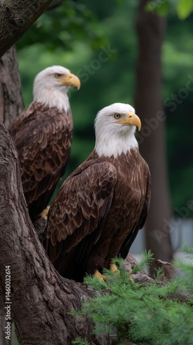 Two Majestic Bald Eagles Perched on a Tree Branch in a Forest Setting
