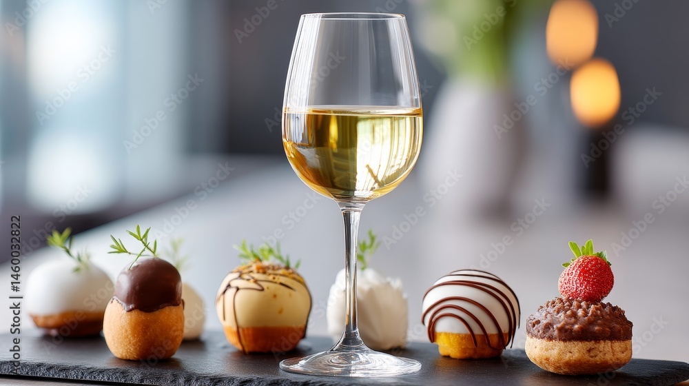 Obraz premium Elegant Wine and Pastry Pairing - A glass of white wine sits alongside an assortment of delectable mini pastries, perfect for an afternoon tea or sophisticated event