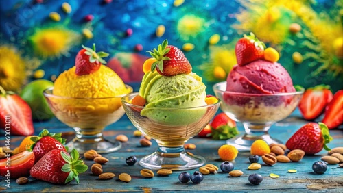 A Delightful Trio of Ice Cream Scoops, Topped with Fresh Strawberries and Surrounded by Almonds and Blueberries on a Blue Background