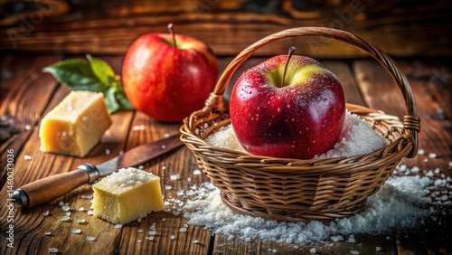 A red apple rests in a wicker basket nestled in a bed of coarse salt, surrounded by wooden planks and small pieces of cheese.