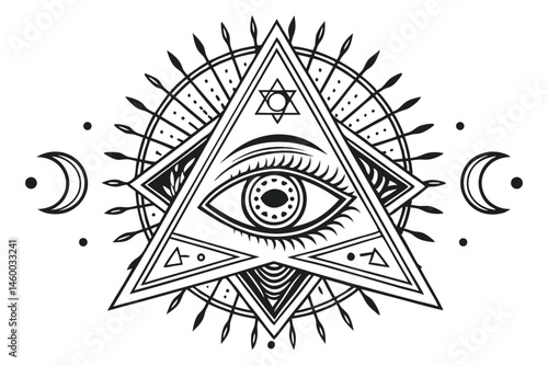 57 Vintage occult eyes, mystical symbols, black and white illustration, detailed engraving style, symmetrical designs, all-seeing eye motif, esoteric imagery, surreal visionary art, ornate eyelashes, 