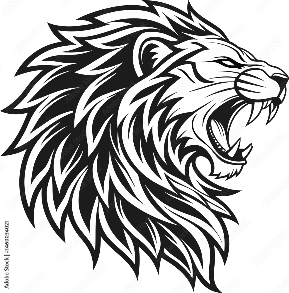 Stylized black and white lion head silhouette illustration with intricate mane details black illustration of two lion heads showing strength and power on a white background Detailed Lion Head Stylized black and white lion head silhouette illustration with intricate mane details black illustration of two lion heads showing strength and power on a white background Detailed Lion Head