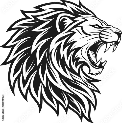 Stylized black and white lion head silhouette illustration with intricate mane details black illustration of two lion heads showing strength and power on a white background Detailed Lion Head