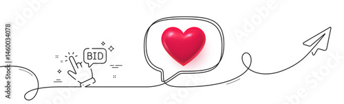 Bid offer line icon. Continuous line with share plane. Auction sign. Raise the price up symbol. 3d heart in speech bubble. Bid offer single line ribbon. Loop curve pattern. Vector