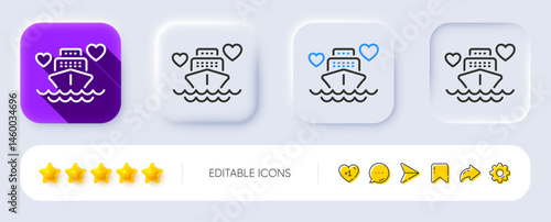 Honeymoon travel line icon. Neumorphic, Flat shadow, 3d buttons. Love trip sign. Valentines day cruise symbol. Line honeymoon cruise icon. Social media icons. Vector