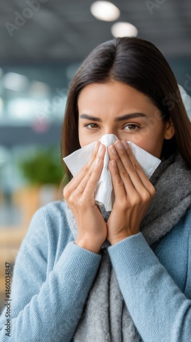 Woman with a cold using a tissue to blow her nose portrait indoor healthcare and sickness concept virus symptoms and health