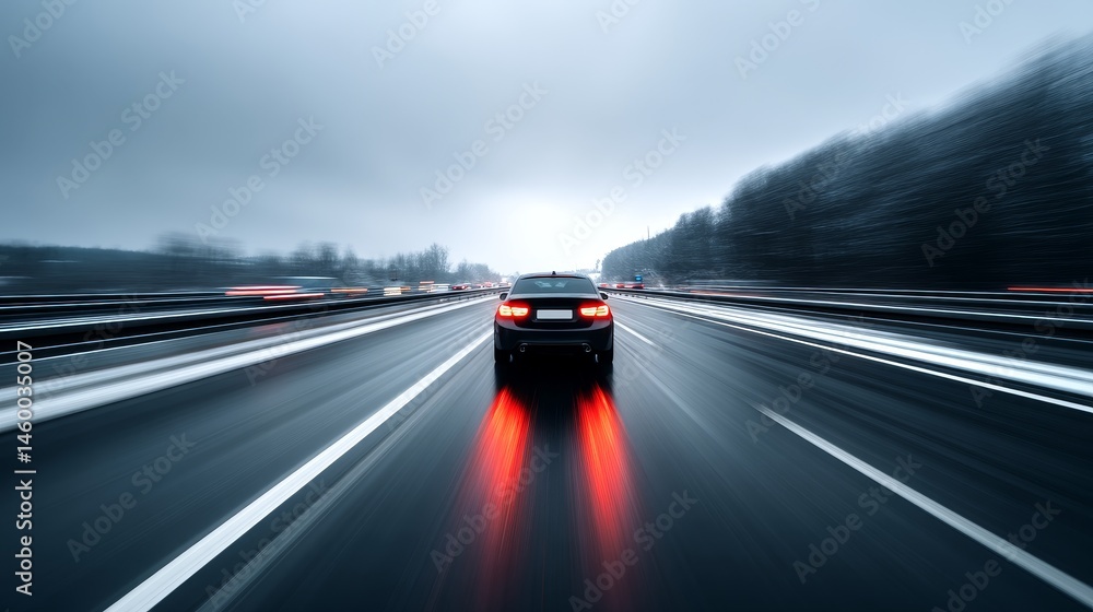 Obraz premium Fast Car on Highway - A dark-colored car speeding down a highway, motion blur effect showing speed and movement