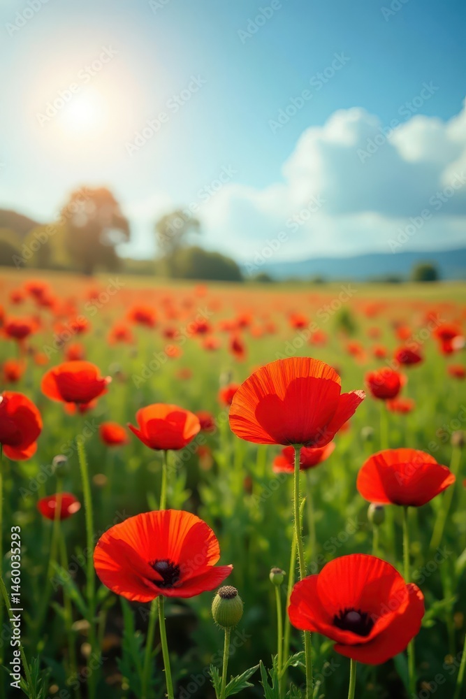 Fototapeta premium Crimson poppies sway gently in a sun-drenched field , image, carpet of flowers