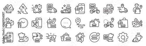 Food delivery line icons. Settings gear, Message, Inflation icons. Courier, Deliveryman, Grocery retail. Delivery truck, meal bag, home food order icons. Vector