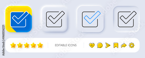 Check line icon. Neumorphic, Flat shadow, 3d buttons. Approved Tick sign. Confirm, Done or Accept symbol. Line checkbox icon. Social media icons. Vector