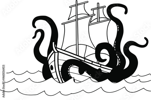 Epic kraken attack on a sailing ship, monstrous tentacles crushing wooden vessel in stormy ocean
