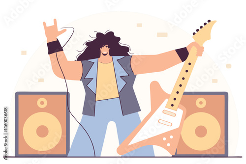 Energetic heavy metal musician shredding on stage vector illustration