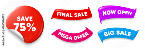 Obraz na płótnie Discount sticker, Sale offer ribbons. Big sale, Now open. Save 75 percent off tag. Sale Discount offer price sign. Special offer symbol. Sticker badge. Flag ribbon banners. Vector w salonie