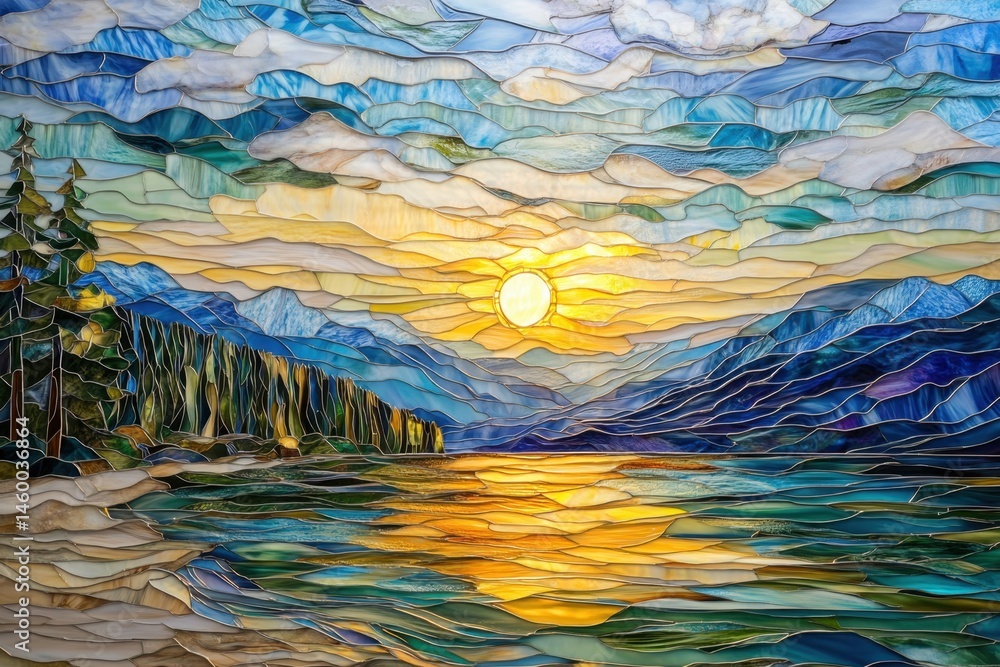 Stained glass landscape of a serene sunrise over a lake Stained glass landscape of a serene sunrise over a lake