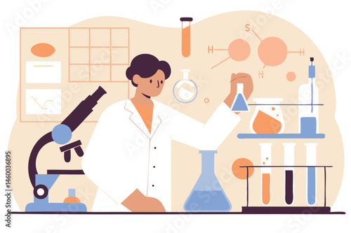 Focused scientist in lab coat conducting chemical experiment with test tubes and beakers, science research illustration
