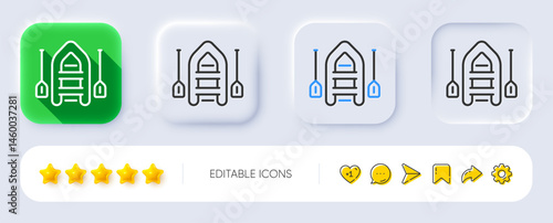 Boat line icon. Neumorphic, Flat shadow, 3d buttons. Inflatable vessel sign. Fishing paddle symbol. Line boat icon. Social media icons. Vector