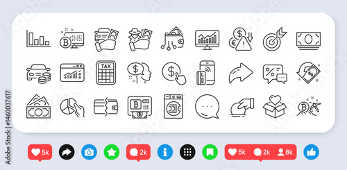 Payment methods, Donation and Deflation line icons pack. Social media: share, comment, like icons. Contactless payment, Target, Statistics web icon. Tax calculator, Donate, Money pictogram. Vector