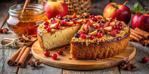 Wallpaper Mural A Slice of Sweetness A close-up view of a freshly baked cake with cranberries, raspberries, and cinnamon sticks. Torontodigital.ca