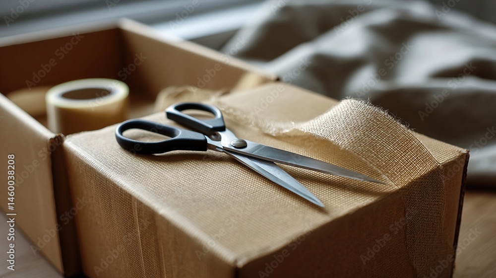 A focused view of a pair of scissors ting through tape on a large shipping box highlighting the anticipation of what lies inside.