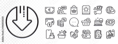 Loyalty points, Report document and Phone wallet line icons for web app. Glare of light effect. Message icon. Pack of Launder money, World statistics, Checklist pictogram icons. Vector
