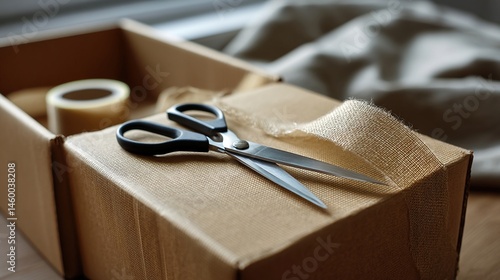 Obraz na płótnie A focused view of a pair of scissors ting through tape on a large shipping box highlighting the anticipation of what lies inside. w salonie
