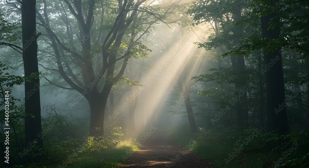 Fototapeta premium Sunlit Path Through Misty Forest