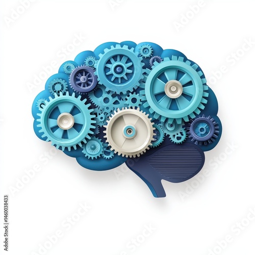 A stylized brain made of blue gears symbolizes thinking, intelligence, and mechanical processes.