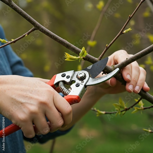 Close-up of gardener’s hands pruning tree branches with sharp shears in soft spring light, showing detail, texture, and focus with a calm, natural background.