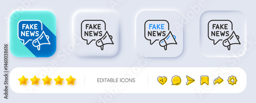 Fake news line icon. Neumorphic, Flat shadow, 3d buttons. Propaganda conspiracy chat sign. Wrong truth megaphone symbol. Line fake news icon. Social media icons. Vector