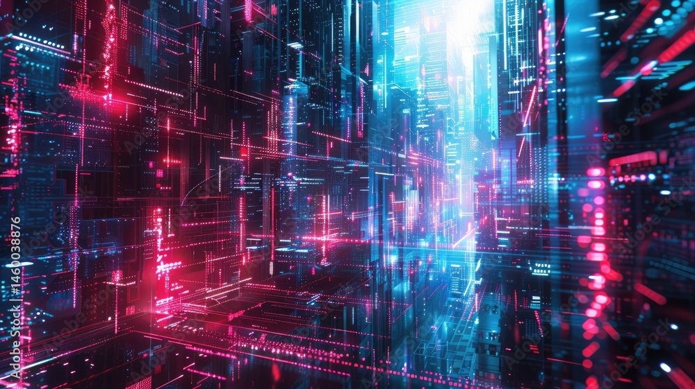 Fototapeta premium Abstract digital shape and particle technological cyber style design connecting become system shape of electronic designing. High tech scenery express mysterious pattern perfect for wallpaper. AIG53.