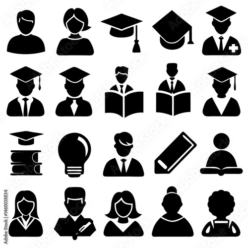 people icons set, graduation cap icon set vector template, book icon silhouette 