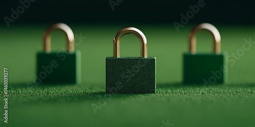 Three green padlocks with gold hasps stand in a row on a vibrant green surface, symbolizing security, safety, and data protection in a digital world.